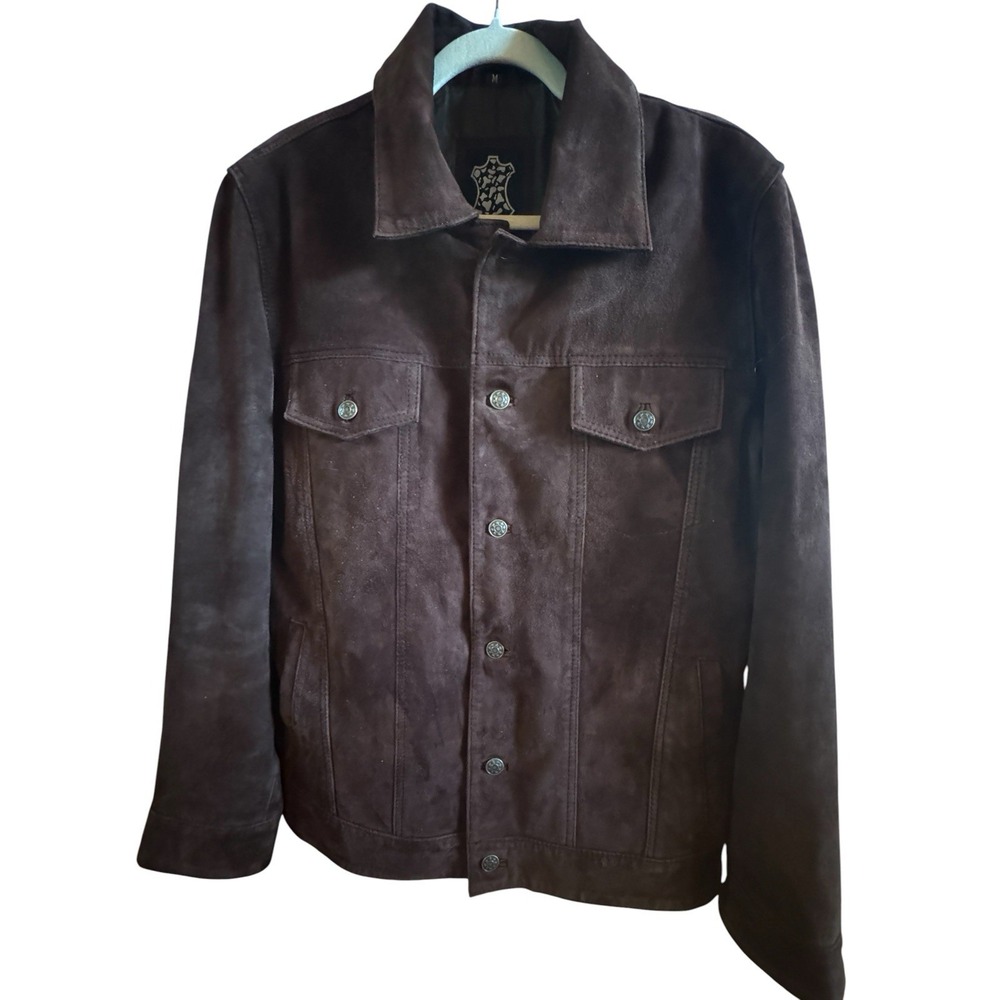 Real Leather Dark Brown Suede Trucker Jacket Men's Large Moto Biker Metal Button